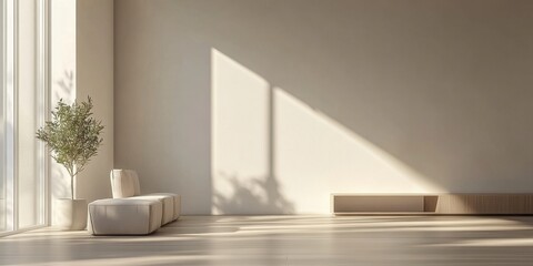 Fototapeta premium A white room with a couch and a potted plant. The couch is white and has three sections
