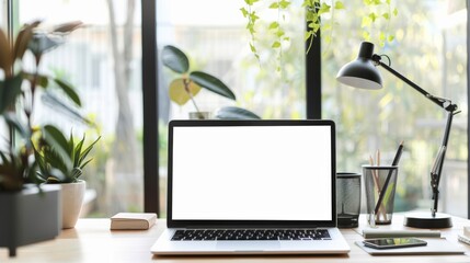 A bright, airy home office with a laptop, potted plants, a desk lamp, and stylish decor, illuminated by natural light streaming through large windows, fostering productivity.