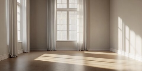 Obraz premium A large room with white curtains and white walls. The room is empty and has a lot of natural light coming in through the windows