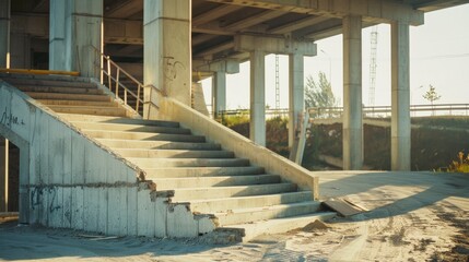 Concrete stairs leading under a highway overpass, showing signs of wear with sunlight casting long shadows.
