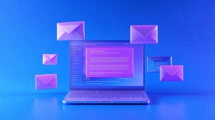 Laptop with email notification icons on blue background. Email Marketing concept.
