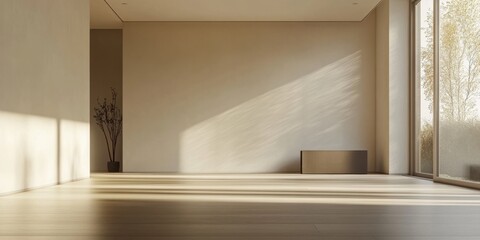 A spacious room with a wooden floor and a white wall. A bench is placed in the middle of the room, and a potted plant is situated near the wall. The room appears to be empty