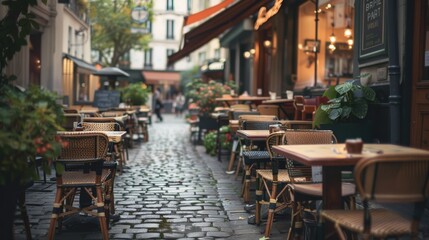 A sunlit alleyway with outdoor caf&eacute; seating, inviting visitors to enjoy a leisurely moment in a quaint European setting.
