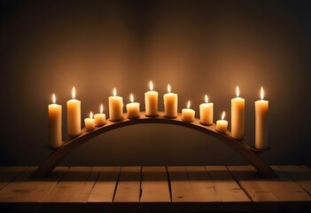 A wooden arch with several lit candles arranged in a semicircular pattern, creating a warm and cozy atmosphere against a dark background
