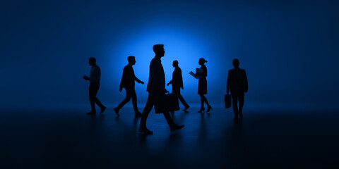 Silhouette of business people walking in blue studio