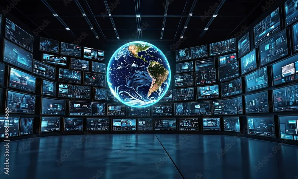 Poster this immersive setting features a control room filled with multiple screens displaying data analytic