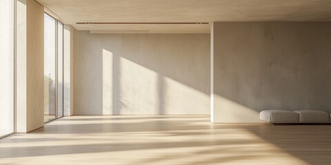 A large room with a white wall and a tan floor. There is a couch in the room