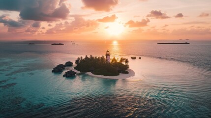 Obraz premium A vibrant sunset paints the sky as the ocean gently kisses the shores of a small island with a prominent lighthouse.