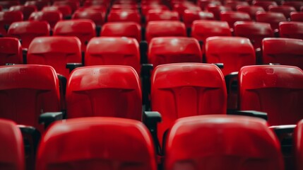 Naklejka premium A stark image of empty red theater seats lined up in perfect rows, devoid of an audience yet full of potential stories and performances.