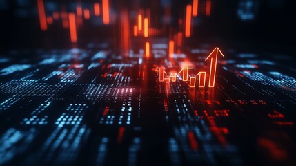 Digital financial data visualization with rising indicators on a dark blue background highlighting market trends