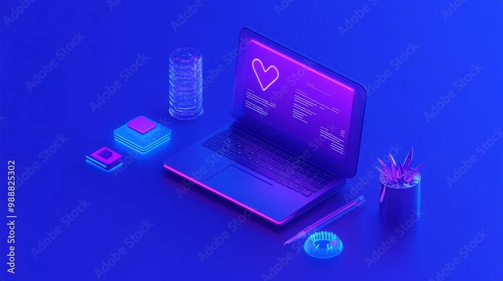 Wall mural laptop with neon design and colorful objects email marketing concept.