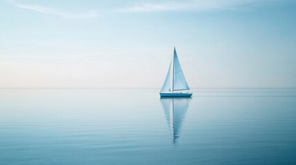 Fototapeta premium A light blue sailboat peacefully floating on calm waters under a clear sky, evoking a sense of freedom and tranquility.