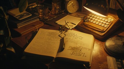 Retro-style study desk under warm amber light, surrounded by books, classic tools, and an open journal brimming with handwritten notes.
