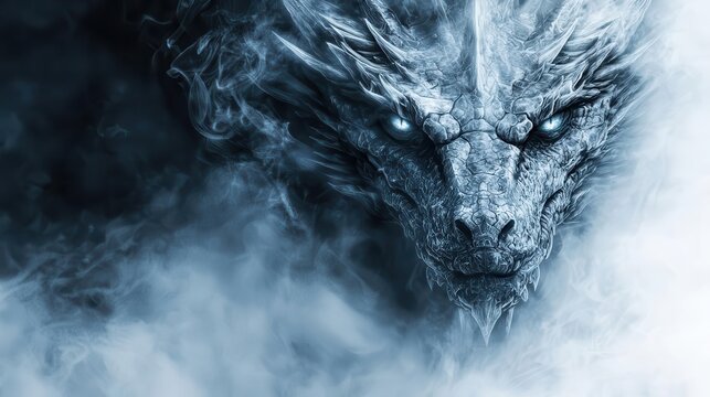A glowing ice dragon surrounded by frozen mist, ethereal and mystical, detailed handdrawn style, isolated on white background