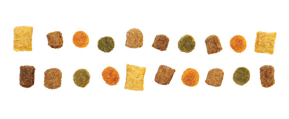 Set pile dry colorful cat food isolated on white background, top view, clipping	