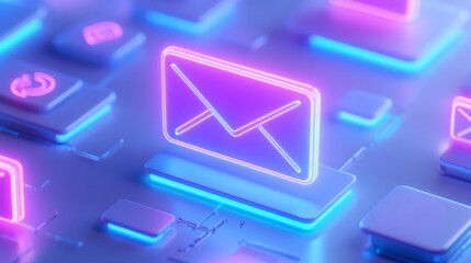 Neon email icon on a digital background, modern tech concept. Email Marketing concept.