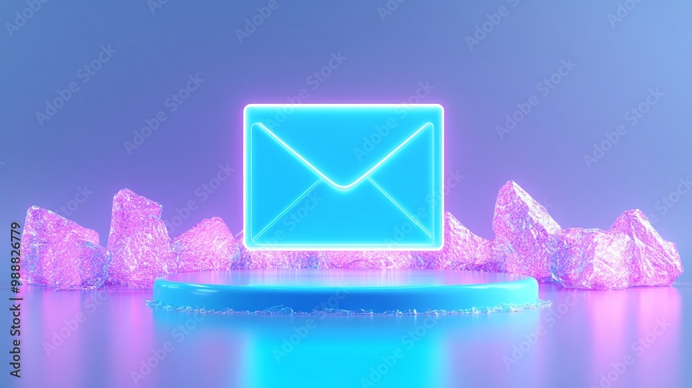 Wall mural neon envelope icon on a vibrant background with crystal elements. email marketing concept.