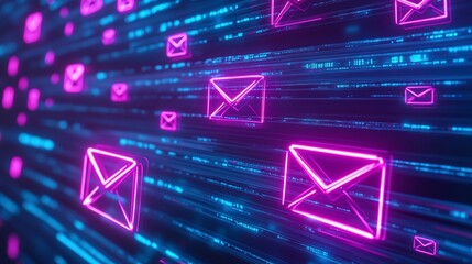 Neon email icons on a digital background, futuristic design. Email Marketing concept.