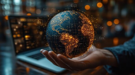 Fototapeta premium Businessman holding global structure of networking and security compliance connection, web development and software service