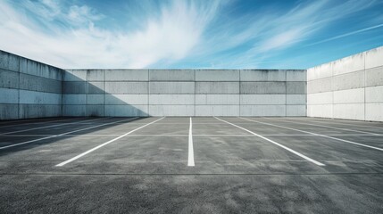 A spacious, empty concrete parking lot with freshly painted white lines and a dramatic, expansive sky in the background.