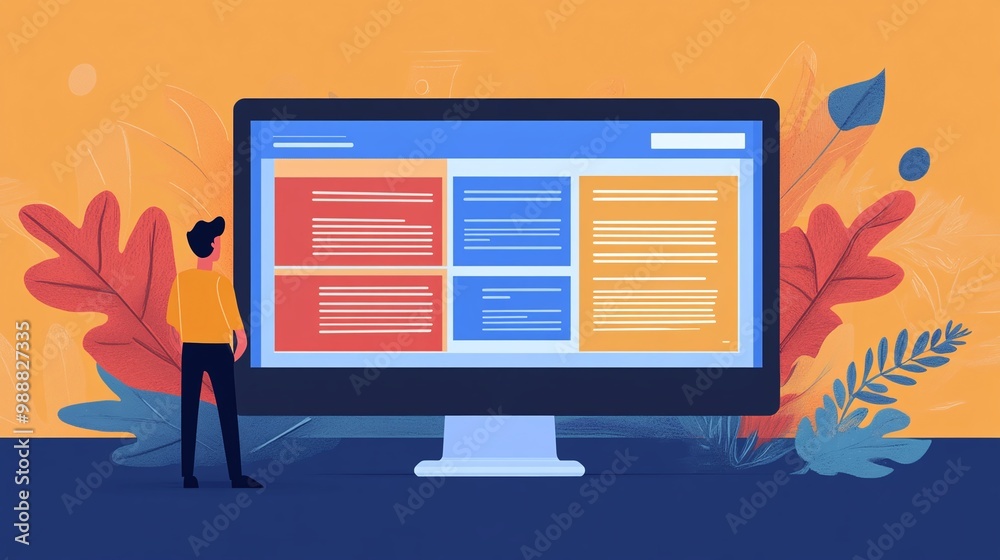 Poster person analyzing data on a computer screen in a colorful, modern workspace.