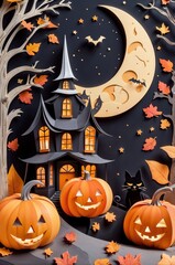A papercraft Halloween scene carved pumpkin, jack-o'-lanterns, autumn leaves, a crescent moon, and a spooky house under a starry sky