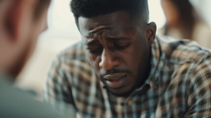 Naklejka premium A man expressing intense emotion, possibly sadness or frustration, captured in a close-up within an intimate setting.