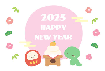 2025年の年賀状デザイン、巳年のヘビとダルマと鏡餅と初日の出のベクターイラスト02