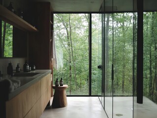Naklejka premium A bathroom with a wooden counter and a stool. There are two sinks and a shower. A bottle of soap is on the counter