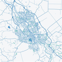 Map of Hamilton in New Zealand in a professional blue style. Contains layered vector with roads water, parks, etc.