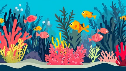 Colorful fish swim among vibrant coral and seaweed in a blue ocean.