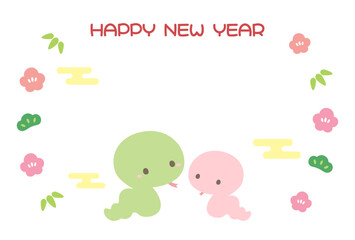 年賀状デザイン、巳年のヘビと縁起物のフレームのベクターイラスト03