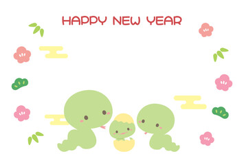 年賀状デザイン、巳年のヘビと縁起物のフレームのベクターイラスト02