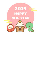 2025年の年賀状デザイン、巳年のヘビとダルマと鏡餅と初日の出のベクターイラスト01