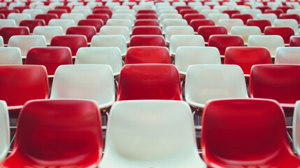 Naklejka premium Rows of red and white seats create a striking pattern in an empty stadium, the colors popping vibrantly against the stillness.