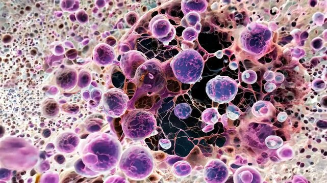 Unseen threat: a microscopic look at cancer cells, revealing detailed formation and chaotic behavior, offering insight into their relentless progression and challenges they present in medical science.