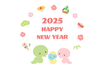 2025年の年賀状デザイン、巳年のヘビと縁起物のフレームのベクターイラスト02