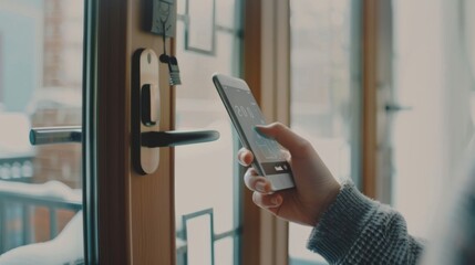 A hand holding a smartphone navigates a smart home interface near a door, representing convenience and modern technology.