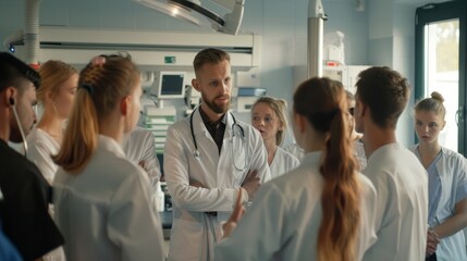 Fototapeta premium A group of medical professionals and students huddled in a hospital room, engaged in an intense discussion and learning session.