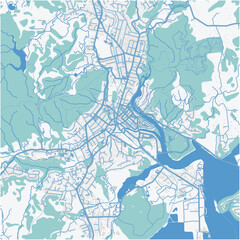 Map of Whangarei in New Zealand in a professional blue style. Contains layered vector with roads water, parks, etc.