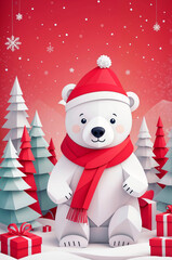 Papercraft polar bear wearing with Santa hat and red scarf, winter scene with snowflakes, red and white trees, and gift boxes. Merry Christmas greetings card