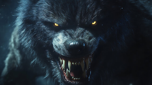 A wolf with yellow eyes and a mouth full of teeth