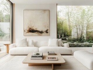 A white living room with a white couch and a white coffee table. A large white painting hangs on the wall