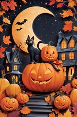 A papercraft Halloween scene with black cat sitting on a carved pumpkin, jack-o'-lanterns, autumn leaves, a crescent moon, and a spooky house under a starry sky
