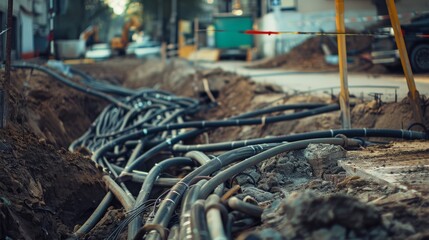 A construction site with an organized heap of pipes and cables, depicting the complexity and groundwork of urban infrastructure.