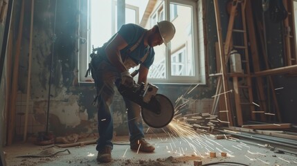 A construction worker operates a saw, surrounded by a shower of sparks, highlighting dedication and technical skill in an evolving workspace.