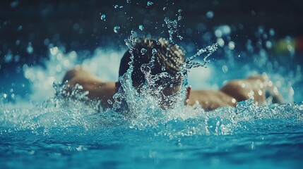 A swimmer in goggles swims butterfly in a pool.