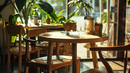 A sun-drenched table in a cozy café, surrounded by lush greenery and warm light filtering through large windows, exuding a homely atmosphere.