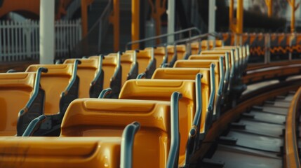 Fototapeta premium A deserted yellow roller coaster car waits silently on its track, harking back to days of joy and thrill, standing still in time at an amusement park.