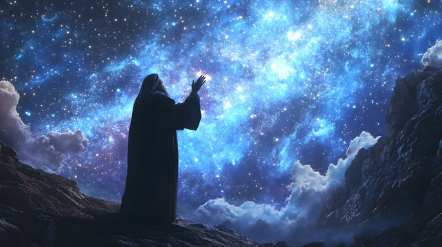 A scene where a saint in the Bible asks a question to the starry sky and receives a message from God.